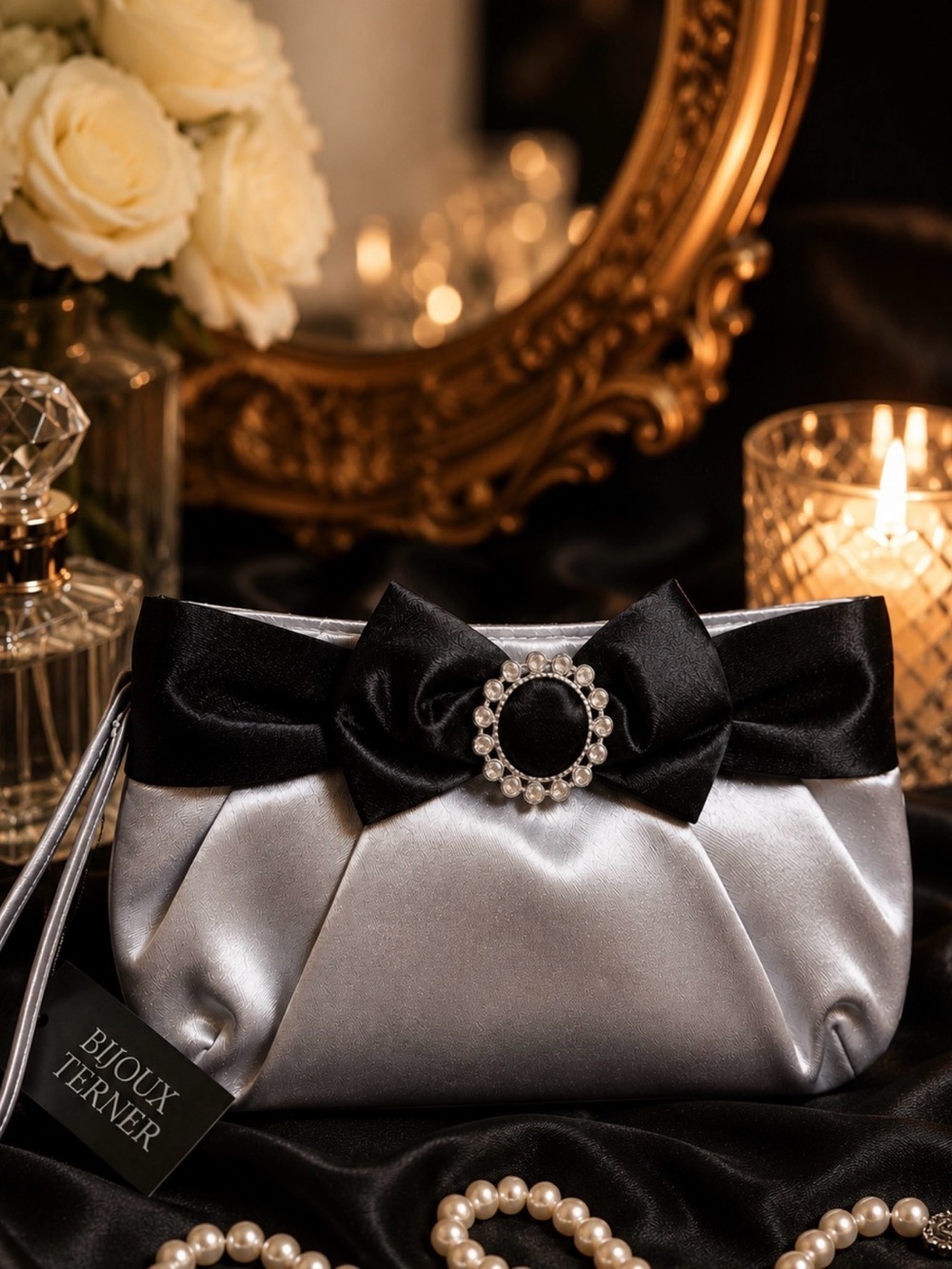 Bijoux Terner NWT Silver & Black Satin Evening Clutch Bag